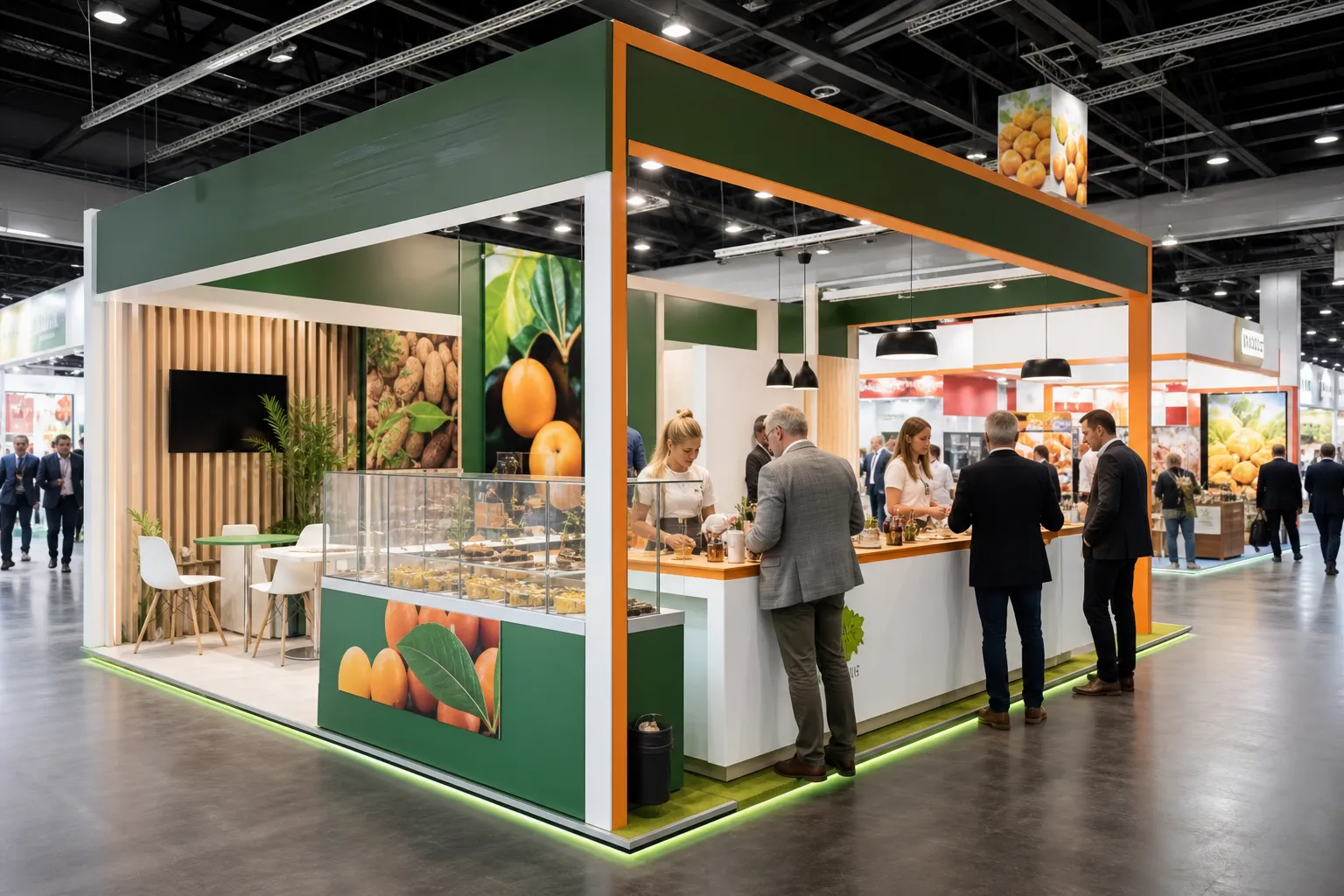 Custom exhibition stand with a branded reception and meeting area