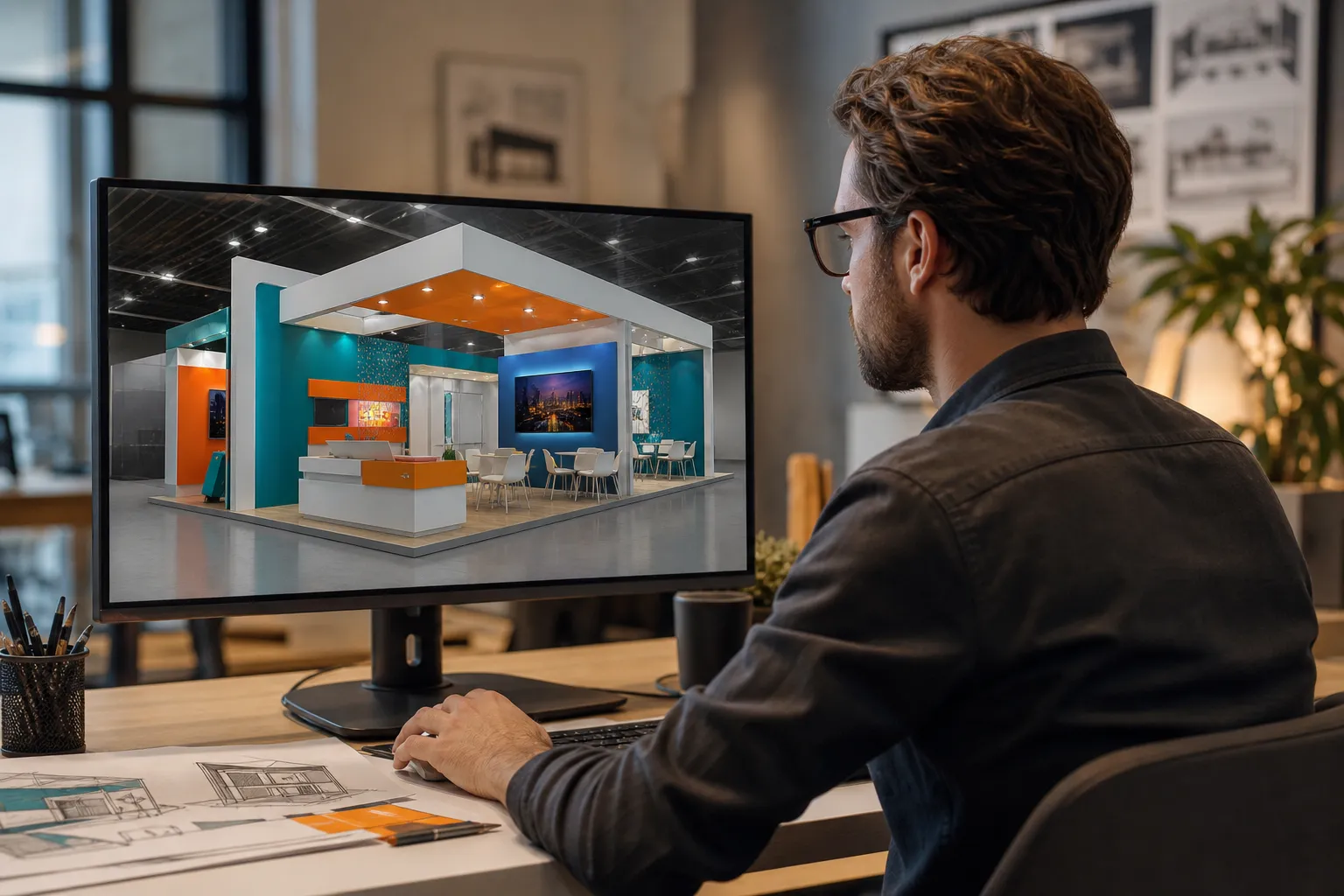 3D exhibition booth design visualization on screen