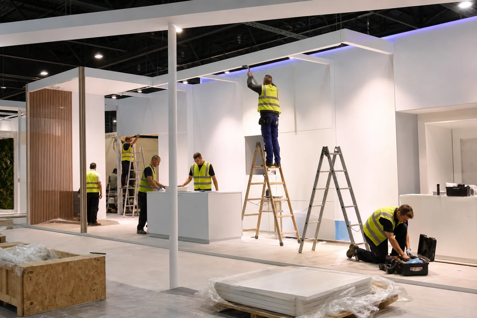 On-site exhibition booth installation crew