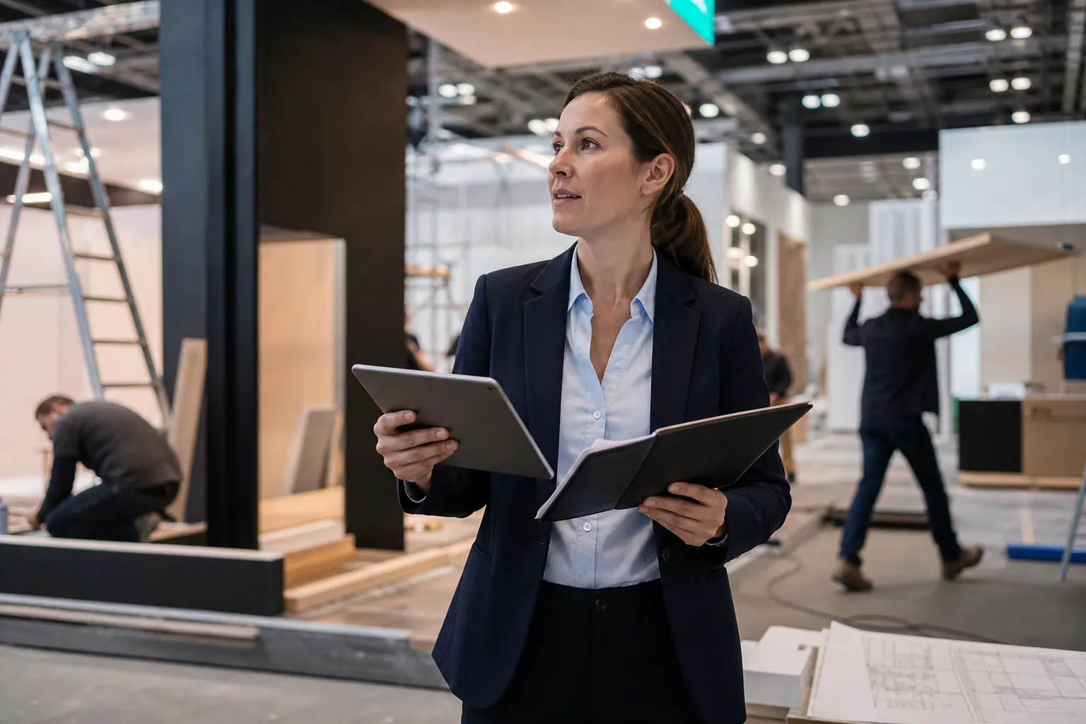 Exhibition project manager coordinating booth build